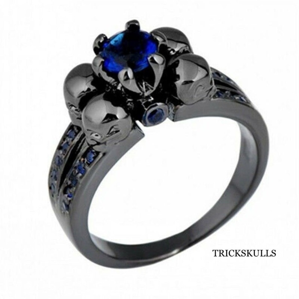 Four Skull Black Anodized BLUE Cubic Zirconia Gothic Metal Punk Ring Sz 7 8 9 10